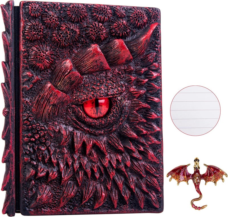 LZlightactor 3D Dragon Eye Embossed Journal,Resin Engraving Notebook,Dnd notebook for Dragon Lovers ，Blank Paper,Hardcover Travel Notepad for Writing,Sketchbook,Collection,Gift,Decoration A4 and A5 Size (A5-Red-Lined-Brooch) - Image 1